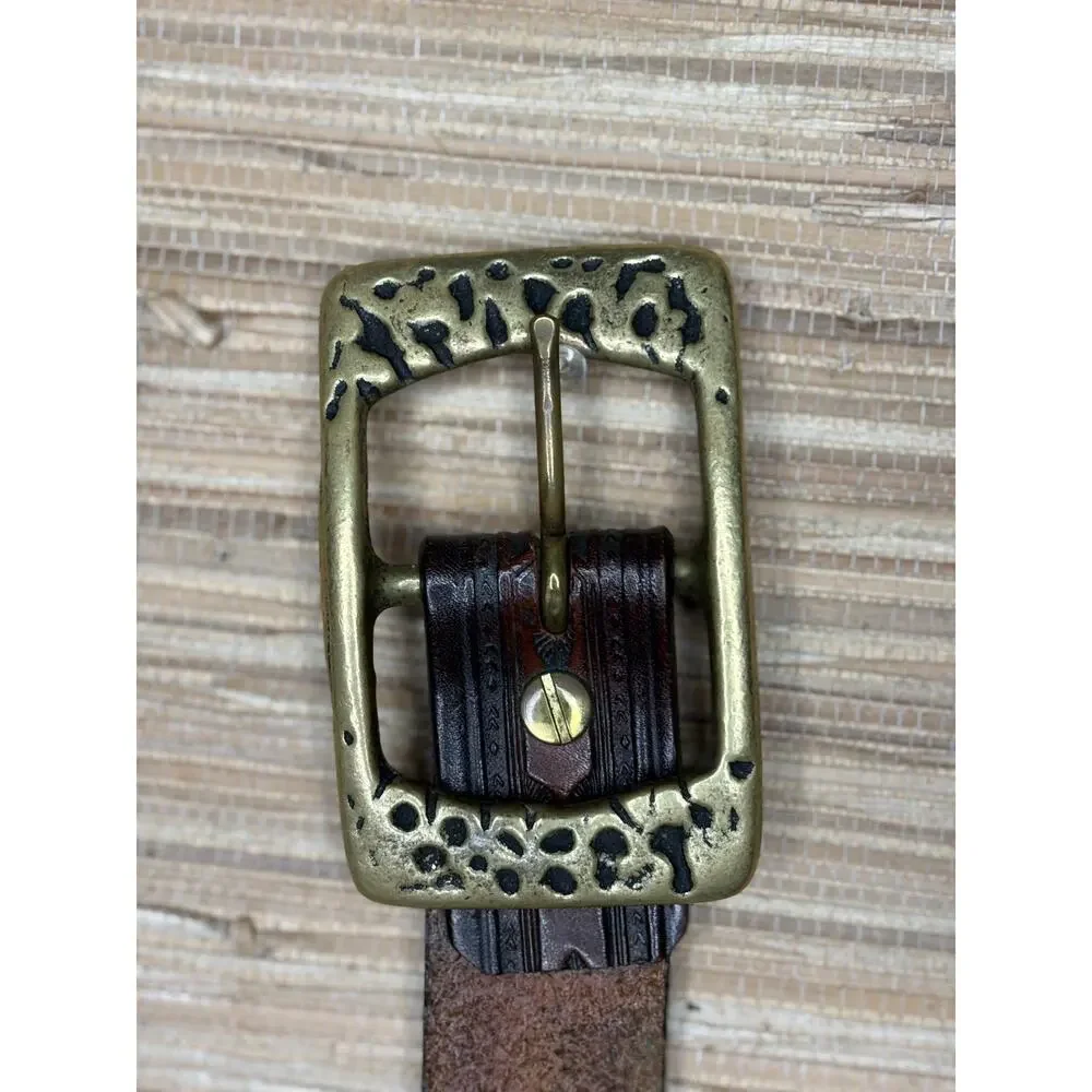 Vintage MacPherson Leather Co. Tooled Western Distressed Brass Buckle Belt Sz 32
